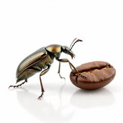 AI Generated Macro of Metallic Beetle Pushing Coffee Bean on White Background