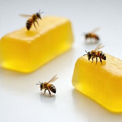 AI Generated Macro of Bees on Yellow Transparent Blocks on White Background