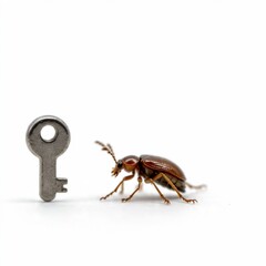 AI Generated Macro of Small Beetle Next to Metal Key on White Background