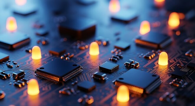 Electronic Circuit Board with Glowing Orange Lights and Chips computer technology - Powered by Adobe