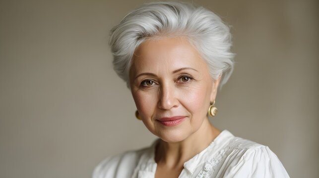 Mature woman with elegant silver hair and warm expression poses for a  portrait