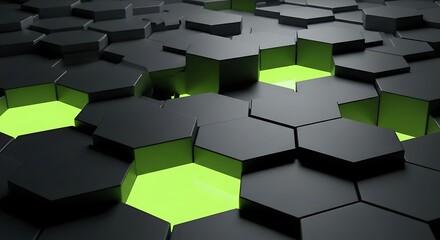 Dark Hexagonal Grid with Glowing Neon Green Light Emanating from Below pattern texture