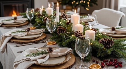 Festive holiday dining table set with candles and greenery decor  