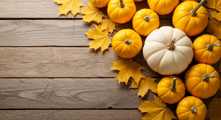 Aerial shot of small orange and white pumpkins with autumn leaf, arranged on rustic wooden plank, evokes autumn harvest, holiday, fall concept