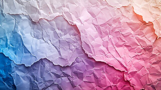 A colorful crumpled paper texture with shades of blue purple and pink gradient hue