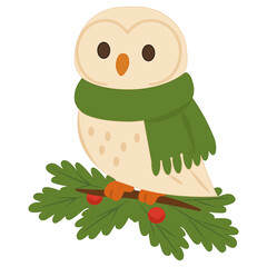  An owl in a green scarf and a branch of holly with berries