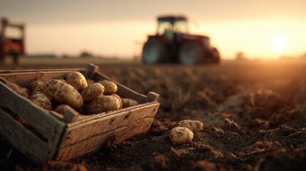 Box of Potatoes in Field at Sunset with Tractor Harvesting in Background