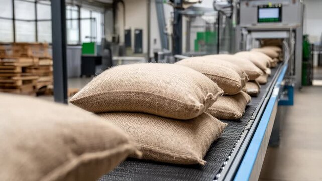 Burlap sacks filled with goods move along a black conveyor belt in an industrial processing facility, highlighting the automated transport system.