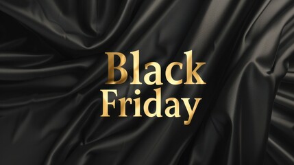 Black Friday text in gold on a black satin background. The scene conveys a sense of luxury and shopping excitement during the holiday season.