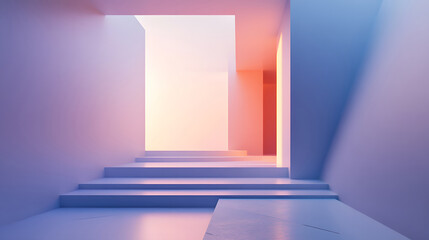 Obraz premium A modern minimalist interior with soft colored lighting, empty steps, and clean geometric shapes creating a serene atmosphere.