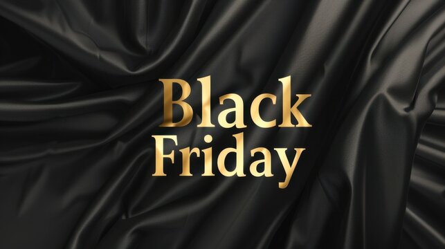 Black Friday text in gold on a black satin background. The scene conveys a sense of luxury and shopping excitement during the holiday season.
