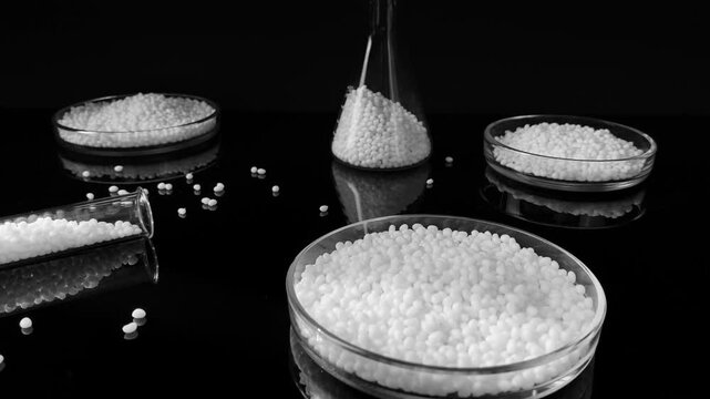 Closeup of a white plastic polymer grain is poured in petri dishes on a dark background. Material for the production of polymers.