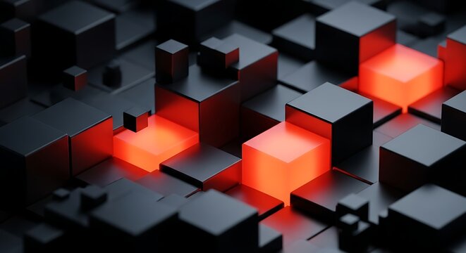 Dark abstract 3D cubes with glowing orange centers in a grid pattern black - Powered by Adobe