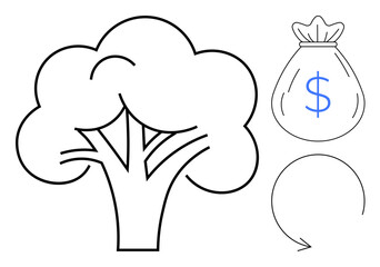 Large tree outline, money bag with dollar symbol, and circular arrow forming sustainability concept. Ideal for finance, investment, economy, regeneration, growth environment renewable energy. A
