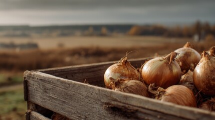 Fototapeta premium Close-up of Golden Onions in Rustic Crate with Scenic Countryside Background