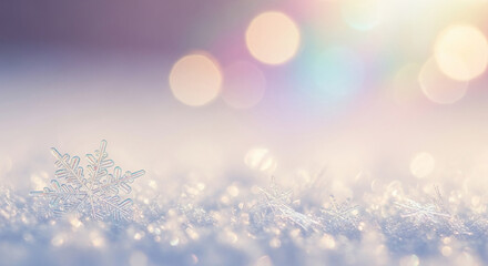 Naklejka premium Close-up of snowflake on snow with bokeh lights, representing winter, coldness and crystalline structure, ideal for holiday or seasonal concept