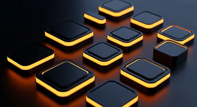 Abstract Geometric Shapes with Glowing Orange Edges squares buttons