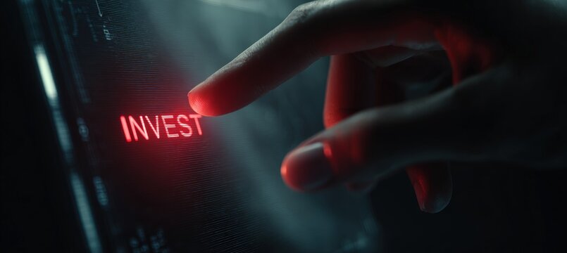 Close-up of Hand Hovering Over Red Invest Button on Futuristic Screen