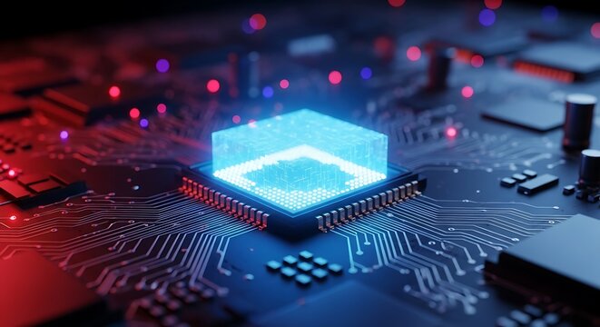 Futuristic Glowing Blue CPU on Circuit Board with Red Lights processor computer