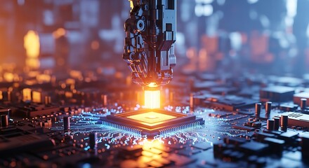 Robotic Arm Over Glowing Microchip on Circuit Board technology robotics