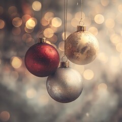 Three Festive Ornaments Hanging Delicately Among Twinkling Golden Lights, Perfect for Celebrating the Holiday Spirit and Joyous Decor