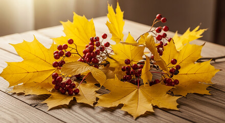 Obraz premium Still life with yellow maple leaf and red berry on wooden surface, representing autumn season, harvest, Thanksgiving, and seasonal transition
