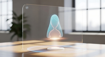 Holographic display showing a woman avatar on a wooden table in a bright modern office space ai generated