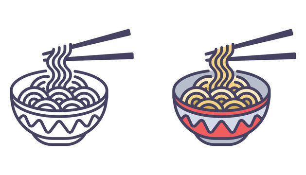 Black icon of Chinese noodles and chopsticks. Flat illustration.