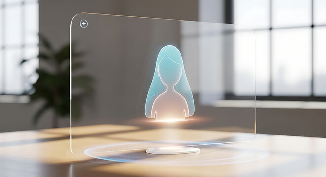 Holographic display showing a woman avatar on a wooden table in a bright modern office space ai generated