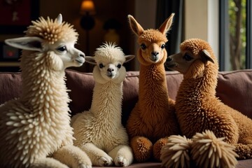 Obraz premium Llama Clan Gathered on Couch For Telenovela Night