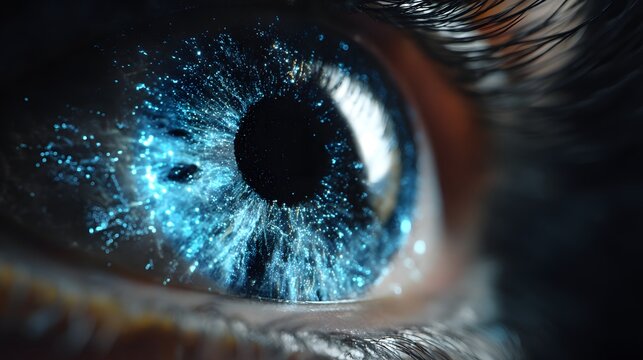 Extreme close up reveals a human iris filled with glowing blue particles - Powered by Adobe