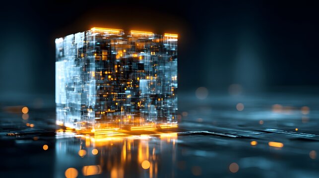 Glowing digital information matrix forms a translucent geometric shape on a dark surface