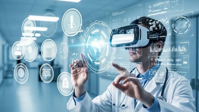 Doctor using virtual reality headset in hospital for medical innovation - Powered by Adobe