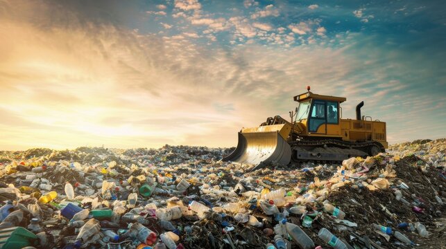 A bulldozer operates on a landfill site filled with waste. The scene captures the machinery against a backdrop of a colorful sunset sky.