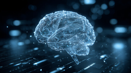 Futuristic digital brain made of glowing circuits and holographic data, representing artificial intelligence and innovation. AI science and innovation in present en future. Technological development.