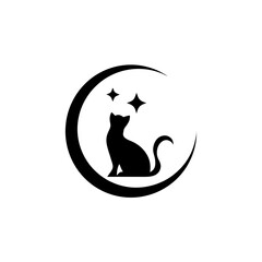 Silhouette cat sitting in crescent moon with stars on transparent background