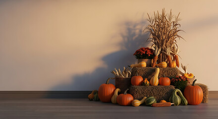 Autumn display with pumpkins gourds hay bales and corn stalks against a neutral colored wall ai generated