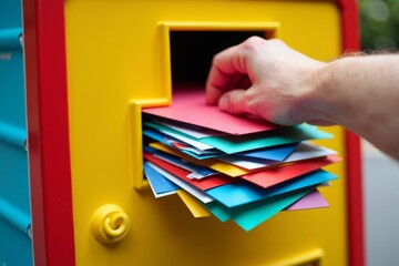 Close-up Image of Hand Inserting Letter into Vibrant Postbox filled with Colorful Envelopes