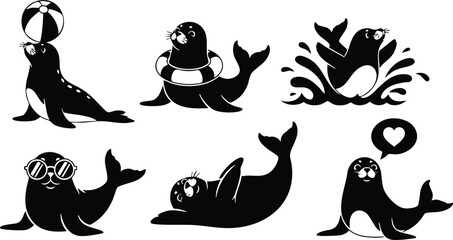 Naklejka premium Cute seal characters performing playful activities with beach ball and heart speech bubble vector illustration 