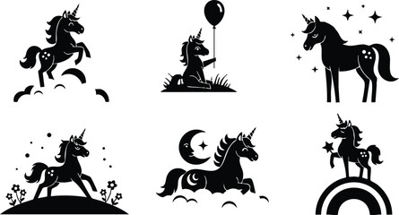 Fototapeta premium Black silhouette unicorn illustrations with stars, moon, balloon, and rainbow fantasy vector images 