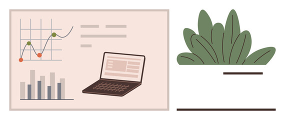 Laptop with charts, graphs, and data alongside green plant leaves on a clean layout. Ideal for analytics, productivity, technology, minimalism, remote work, eco-friendliness business analytics