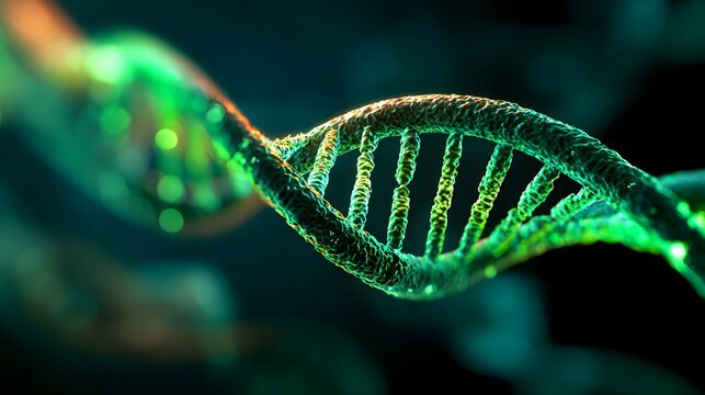Three dimensional rendering depicts a helix structure representing genetic material illuminated with vibrant green light
