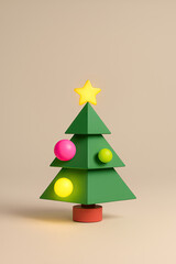Geometric 3D Christmas tree with colorful baubles on neutral background