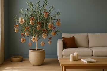 Decorated olive tree with handmade ornaments in modern living room