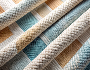Rolled jacquard knit cotton fabrics in pastel blue, beige, and cream tones with textured geometric patterns