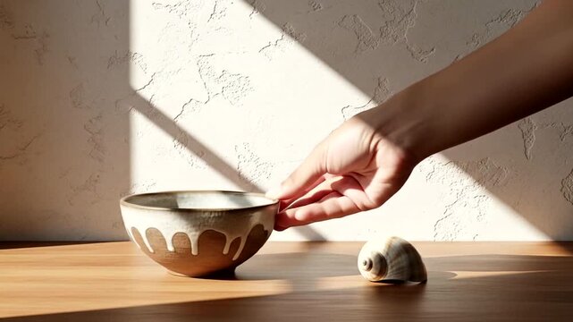 A rustic ceramic bowl and a seashell on a wooden table with soft sunlight casting shadows