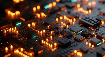 Close-up of glowing orange and green lights on a computer circuit board motherboard