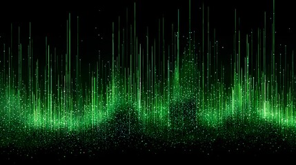 Vibrant green digital light streams ascend against a deep black background creating an abstract energy display.