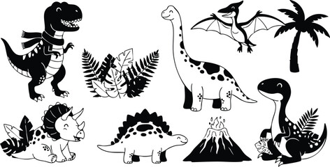 Obraz premium Dinosaur collection with volcano palm tree and prehistoric plants black silhouette vector illustration 
