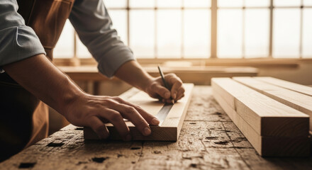 Carpenter marking wood with ruler and pencil in workshop with natural light from the window behind